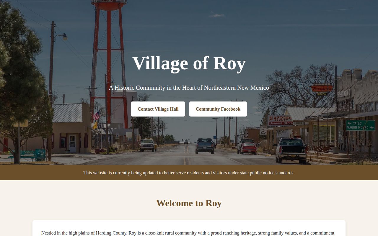 Harding County Roy booking-record routing on the Village of Roy website