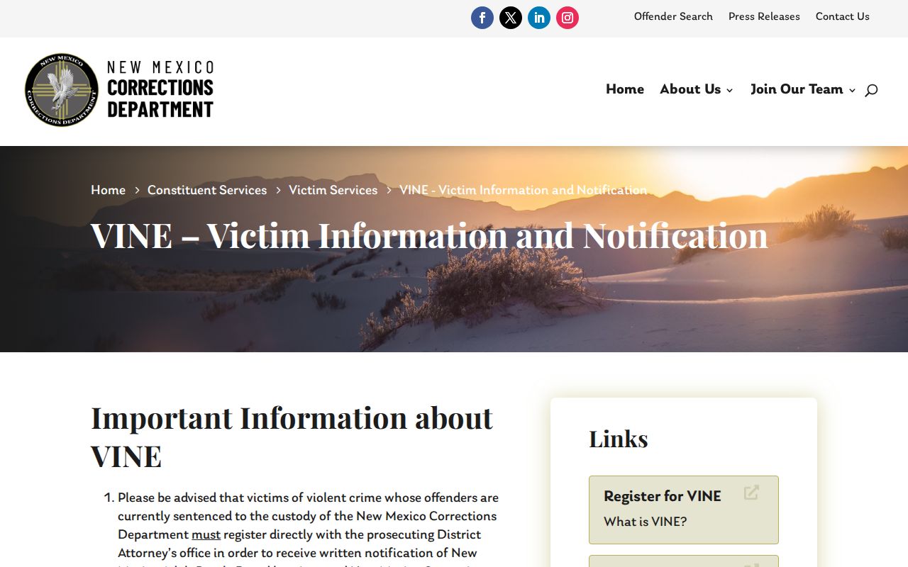 Harding County state custody notification information through NMCD VINE
